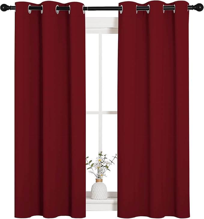 NICETOWN Christmas Burgundy Bedroom Curtains Blackout Draperies, Decorations Thermal Insulated Solid Grommet Top Blackout Drapes for Cafe (One Pair, 34 x 54-inch)