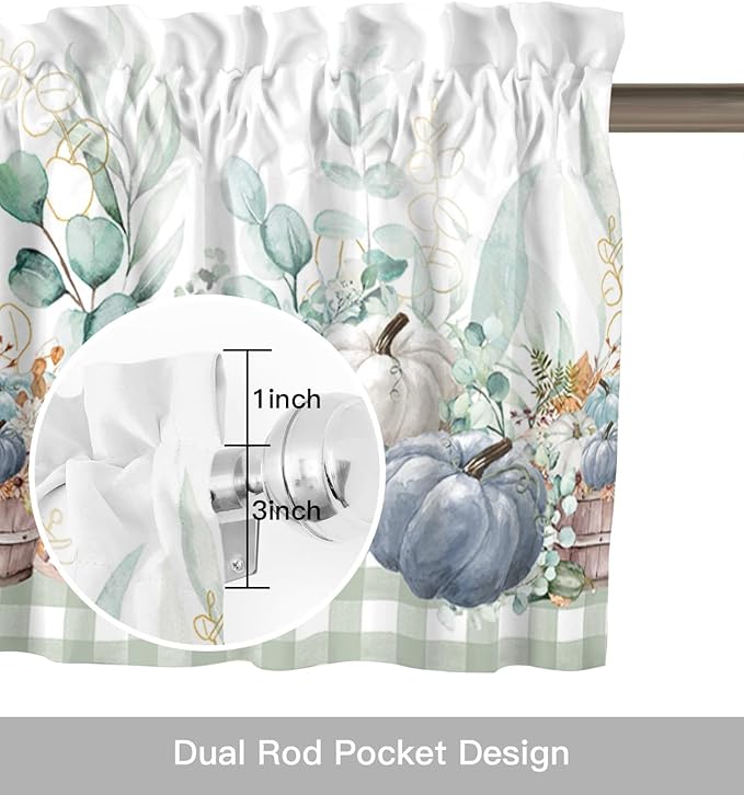 Fall Thanksgiving Kitchen Curtains Valances for Windows Navy Blue Pumpkins Green Eucalyptus Leaves Rod Pocket Window Treatment for Kitchen /Living Room/Bedroom/ Bathroom,42" X 12" Sage Farmhouse Plaid