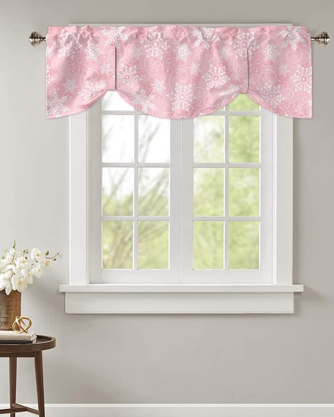 Christmas Blackout Tie Up Valance Curtains for Kitchen Windows Pink White Snowflakes Pattern Window Toppers Balloon Shades for Living Room/Bathroom/Bedroom,1 Panel, 42" X 18", Winter
