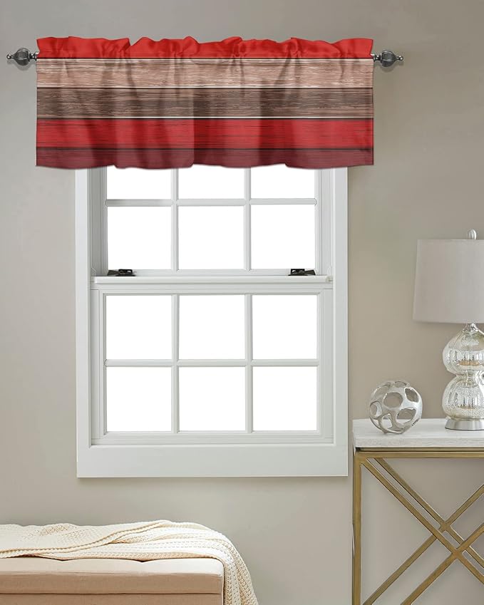 Farmhouse Kitchen Curtains Valances for Windows , Christmas Red Brown Rod Pocket Country Window Treatment for Kitchen /Living Room/Bedroom/ Bathroom,54" X 18" -1 Panel, Retro Rustic Barn Wood Texture