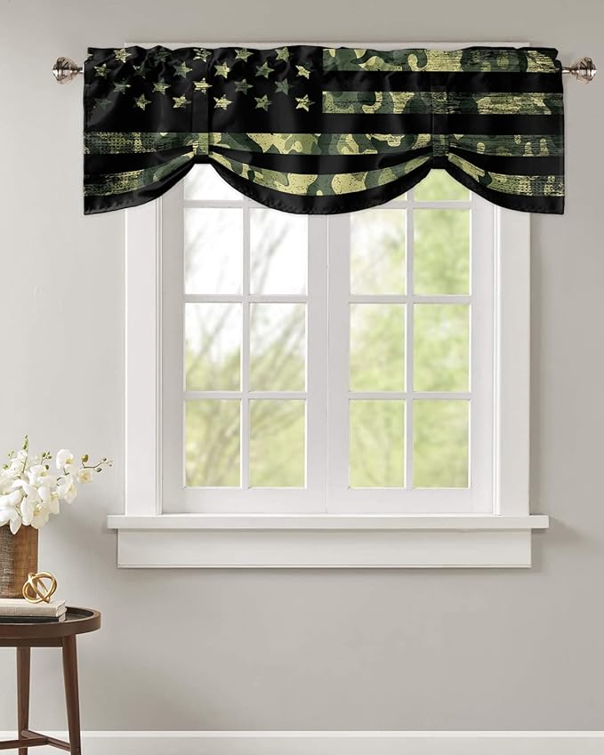 Rustic Green Camo Military Pattern American Flag Blackout Tie Up Valance Curtains for Kitchen Windows Camouflage Window Toppers Balloon Shades for Living Room/Bathroom/Bedroom,1 Panel,60" X 18"