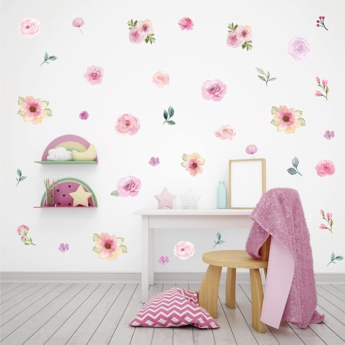 Pink Flower Wall Decals - Flower Peel and Stick Wall Stickers Vinyl Peony Floral Wall Stickers Pastel Flower Decor for Girls Bedroom Nursery Classroom Living Room (Pink Flower)