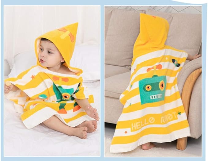 TONWHAR Kids Bath/Pool/Beach Hooded Poncho Towel-Cartoon Animal Pattern Cotton Beach Towel for Baby and Kids (Robot, 1-4 Years/Height:33.4"-43.3")