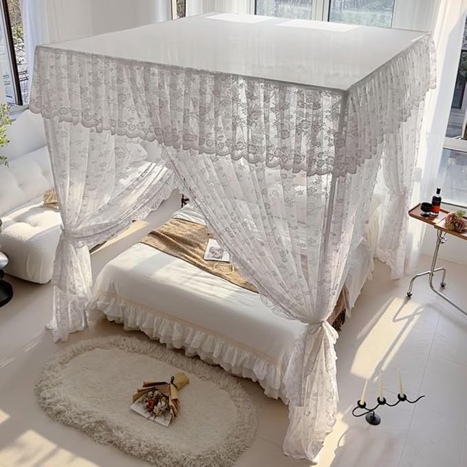 Elegant Princess 4 Corner Post Mosquito Net Romantic for Girls Women Bed Curtain Canopy for Adult Wedding Bedroom Kids Rooms Decoration (Type2-Beige-White, Full)