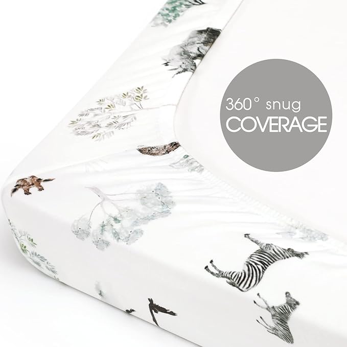 Stretchy Ultra Soft Jersey Knit Fitted Pack n Play Sheets Set 2 Pack, Portable/Mini Crib Sheets for Boys and Girls, Stylish Playard Sheets Fitted Safe and Snug, African Savannah Animals Pattern