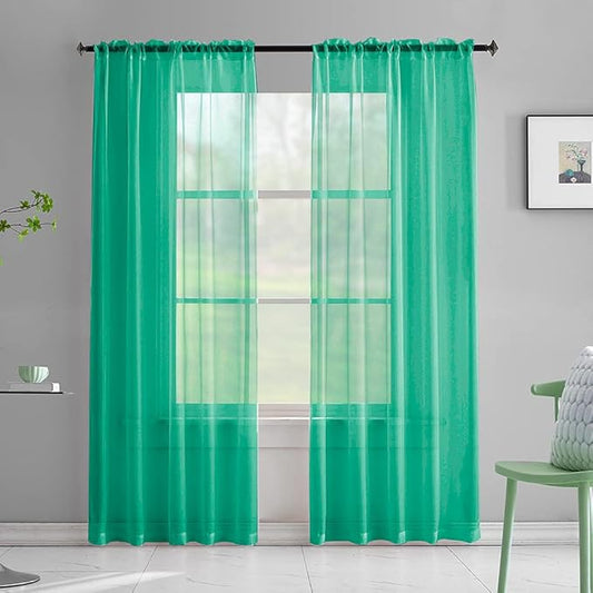 Green Sheer Curtains 84 Inch Length for Bedroom, Soft Textured Rod Pocket Sheer Voile Curtain Panels, Light Filtering Green Sheer Drapes for Living Room 52 x 84 Inches Long 2 Panels