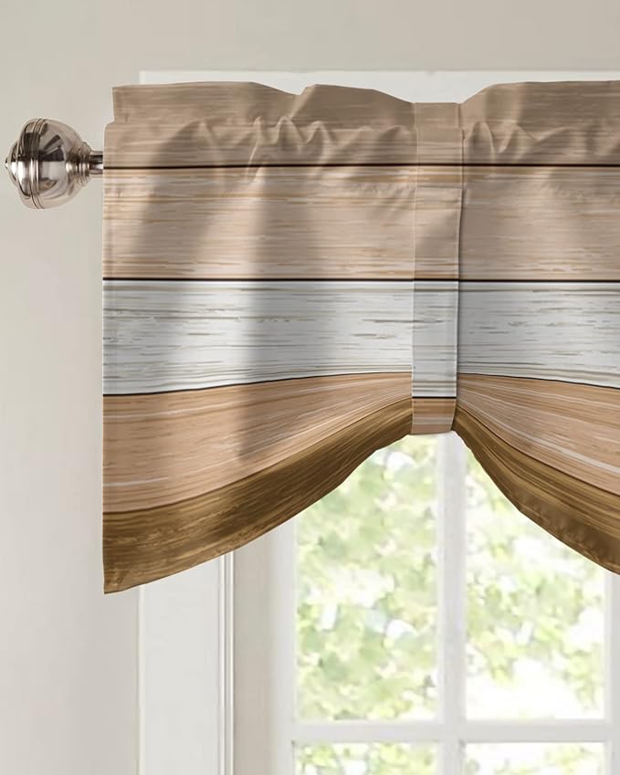 Farmhouse Summer Blackout Tie Up Valance Curtains for Kitchen Windows,Brown Beach Fall Window Toppers Balloon Shades for Living Room/Bathroom/Bedroom,1 Panel,60" X 18" Rustic Barn Wood Texture