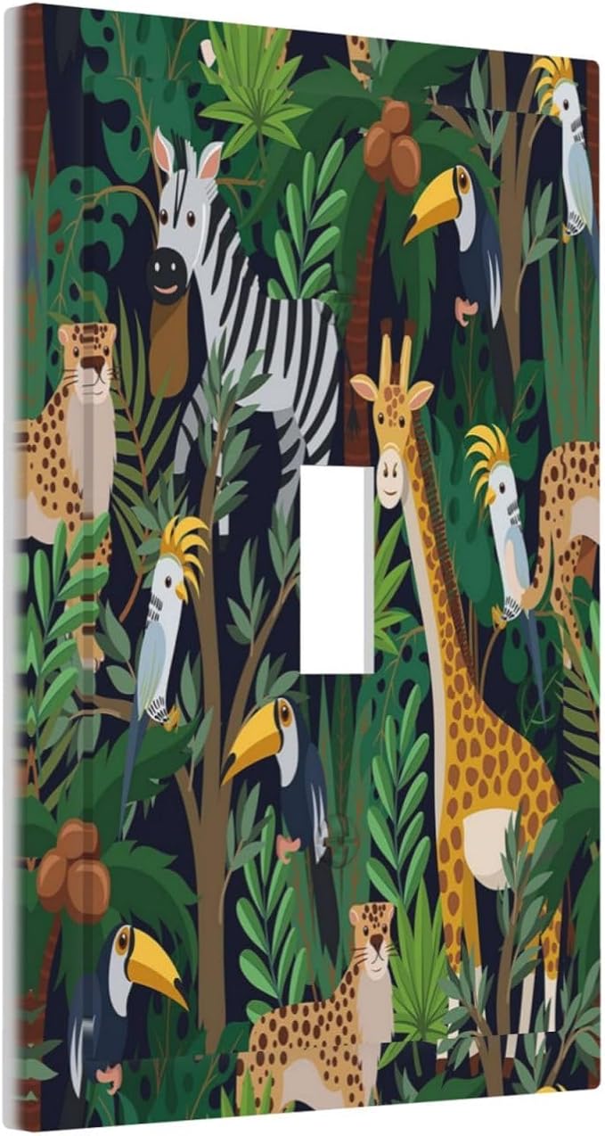 Cartoon Animal Zebra Leopard Giraffe Bird Leaf 1 Gang Nursery Light Switch Covers Decorative Single Toggle Wall Plate Switchcover Electrical Switchplate for Kidroom Bedroom Decor
