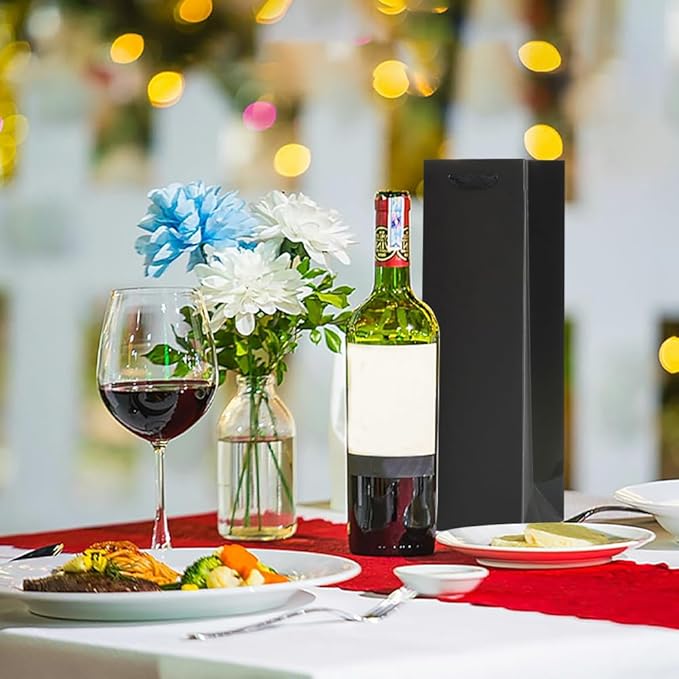 KEYYOOMY Wine Gift Bags - 10 Pack Black Kraft Paper Wine Bottle Gift Bags with Handles for Wedding Birthday Housewarming Christmas Party Supplies(10CT,13.8x4.3x3.5 IN,Black)