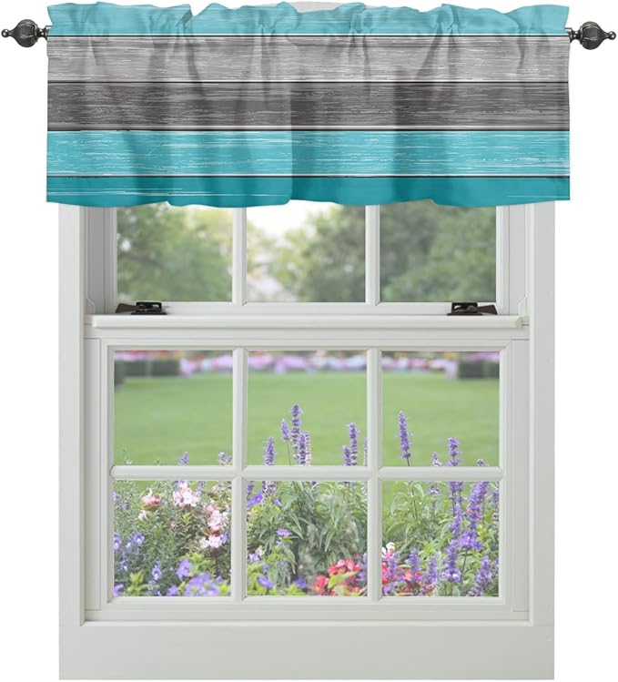 Farmhouse Kitchen Curtains Valances for Windows , Aqua Blue Gray Rod Pocket Country Window Treatment for Kitchen /Living Room/Bedroom/ Bathroom,42" X 18" -1 Panel, Retro Rustic Barn Wood Texture