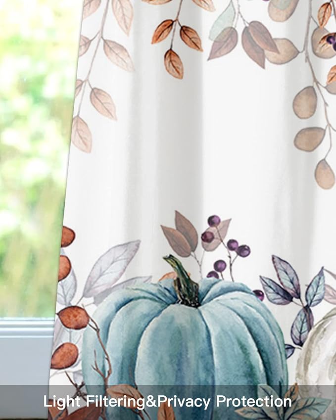 Fall Thanksgiving Kitchen Curtains Valances for Windows Watercolor Autumn Pumpkins Eucalyptus Leaves Rod Pocket Window Treatment for Kitchen /Living Room/Bedroom/ Bathroom,42" X 18", Blue Orange