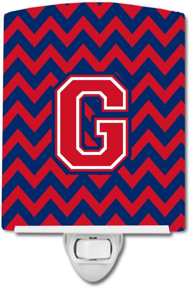 Caroline's Treasures CJ1054-GCNL Letter G Chevron Yale Blue and Crimson Ceramic Night Light Compact, UL-Certified, Ideal for Bedroom, Bathroom, Nursery, Hallway, Kitchen, 6x4x3, Multicolor