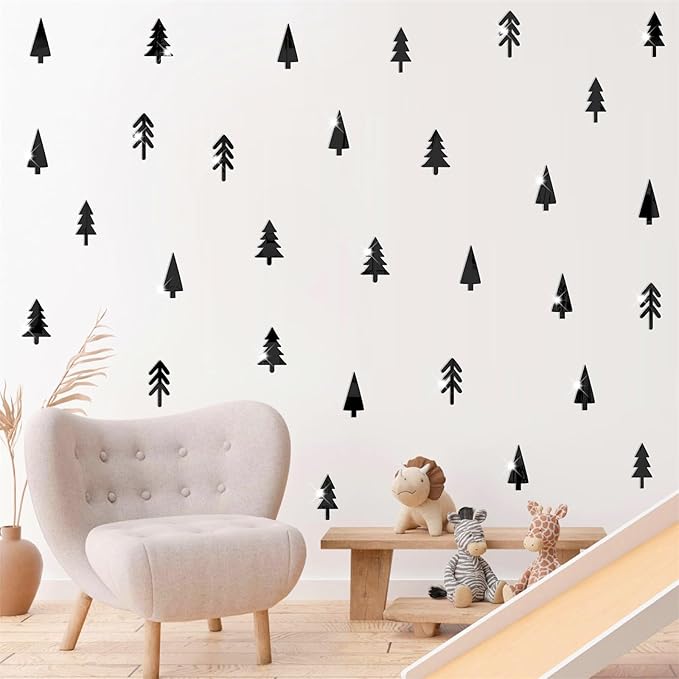 Pine Tree Wall Stickers 3D Acrylic Mirror Wall Stickers Decor Black Small Tree Wall Decals Peel and Stick Pine Tree Art Decals Acrylic Wall Stickers for Nursery Kids Bedroom Decor