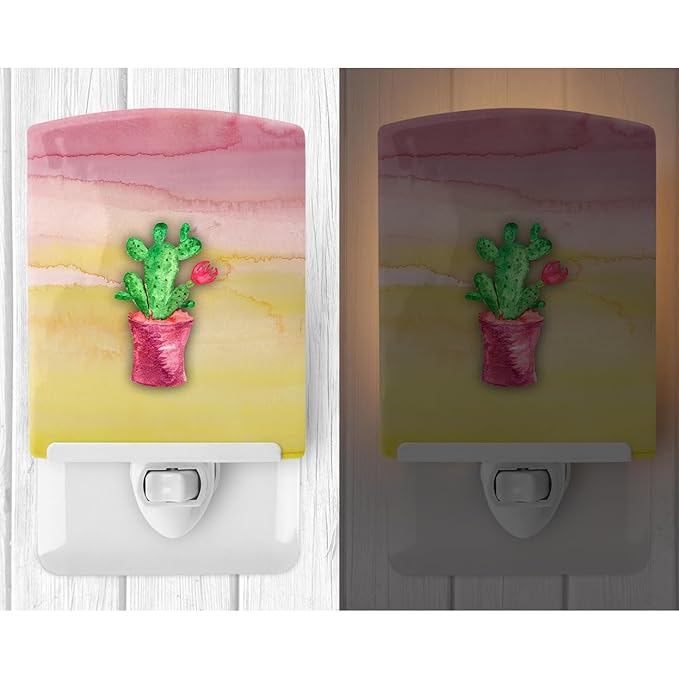 Caroline's Treasures BB7361CNL Flowering Cactus Watercolor Ceramic Night Light Compact, UL-Certified, Ideal for Bedroom, Bathroom, Nursery, Hallway, Kitchen, 6x4x3, Multicolor