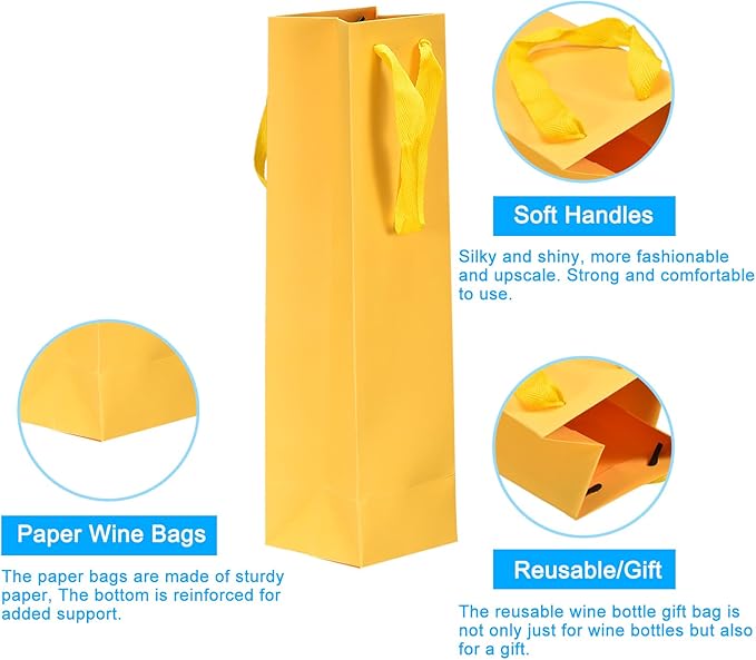 uxcell Wine Bags, 24pcs Yellow 4 x 4 x 14 In Wine Gift Bags with Handles Paper Wine Tote Bag for Wedding Birthday Christmas Party Supplies