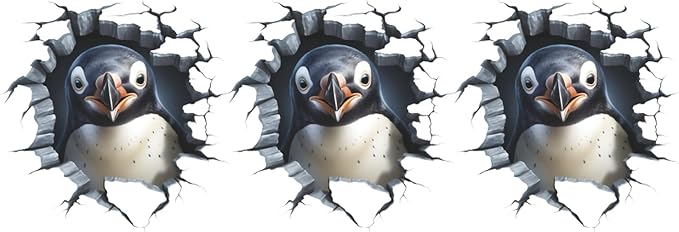 3 PCS Broken Penguin Wall Decals Break Through The Wall Penguin Wall Stickers Removable 3D Animal Wal Art Decor for Kids Room Playroom Nursery Bathroom