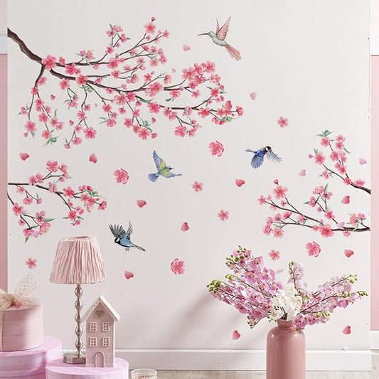 Peach Blossom Tree Branch Wall Decals Pink Flower Birds Wall Stickers Wall Art Decals for Bedroom Living Room TV Wall