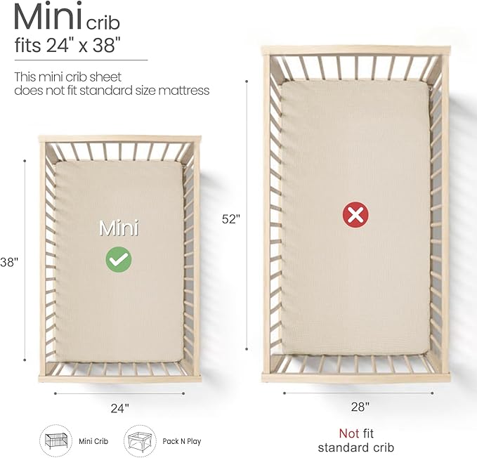Mini Crib Sheets Muslin: Pack and Play Sheets for Boys and Girls - Cotton Fitted Crib Sheet for Pack N Play Mattress and Playard 2Pack 24"x38"