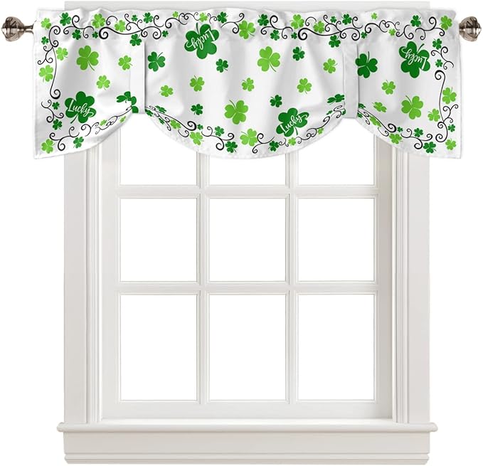 St. Patrick's Day Blackout Tie Up Valance Curtains for Kitchen Windows Green Shamrock Irish Clover Window Toppers Balloon Shades for Living Room/Bathroom/Bedroom,1 Panel, 60" X 18" Spring Holiday
