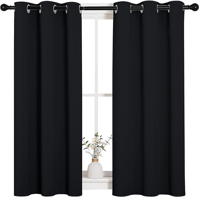 NICETOWN Halloween Bathroom Blackout Curtains and Drapes, Black Solid Thermal Insulated Grommet Blackout Drapery Panels for Window (2 Panels, 34 inches Wide by 45 inches Long, Black)