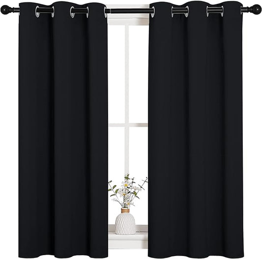 NICETOWN Halloween Bathroom Blackout Curtains and Drapes, Black Solid Thermal Insulated Grommet Blackout Drapery Panels for Window (2 Panels, 34 inches Wide by 45 inches Long, Black)
