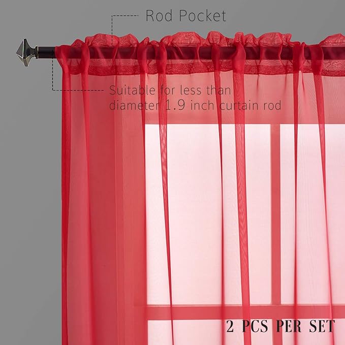 Red Sheer Voile Curtains Translucent Solid Color Window Treatment 63 Inches Long Panels Rod Pocket Red sheers for Bedroom Living Room 2 Panels 52x63