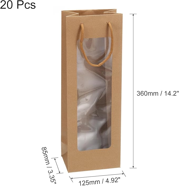 uxcell Wine Bags, 20pcs 4.92"x3.35"x14.2" Wine Gift Bags with Rope Handles, Paper Wine Tote Bag with Clear Window for Wedding Birthday Christmas Party Supplies, Wood