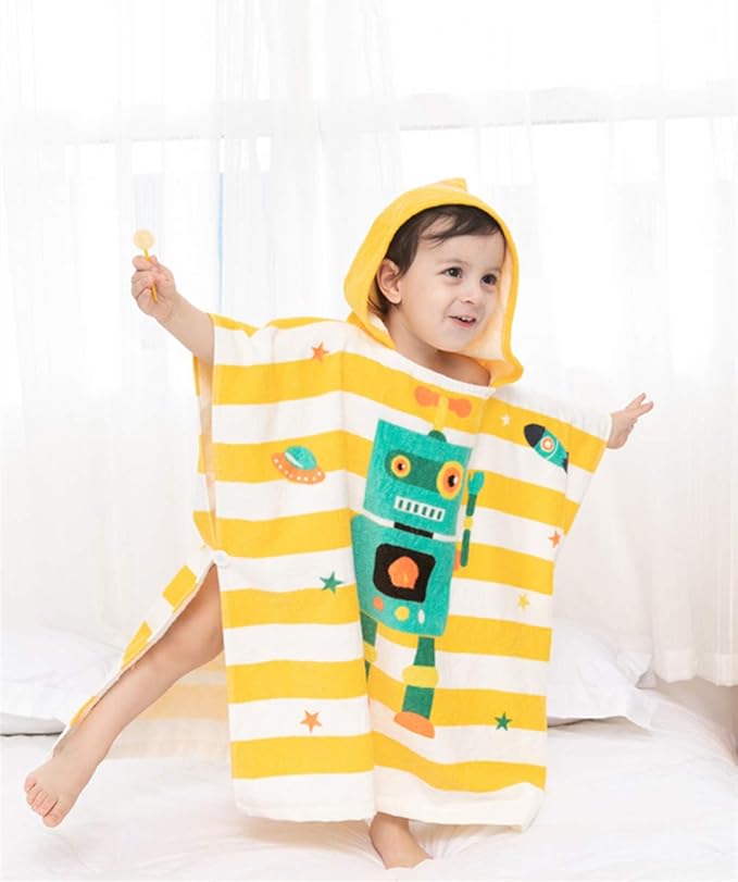 TONWHAR Kids Bath/Pool/Beach Hooded Poncho Towel-Cartoon Animal Pattern Cotton Beach Towel for Baby and Kids (Robot, 1-4 Years/Height:33.4"-43.3")