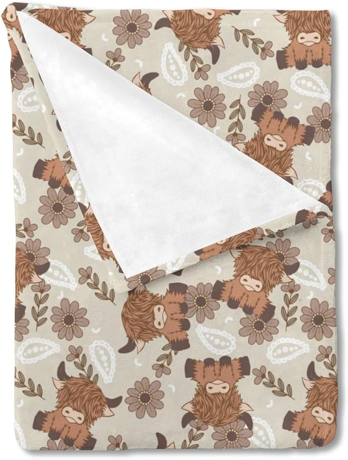 Boho Highland Cow Paisley Floral Baby Blanket Girls Gift, Beige Western Cowgirl Flower Flannel Fleece Nursery Bed Blankets, Soft Lightweight Newborn Infant Toddler Kids Crib Bedding 30 x 40
