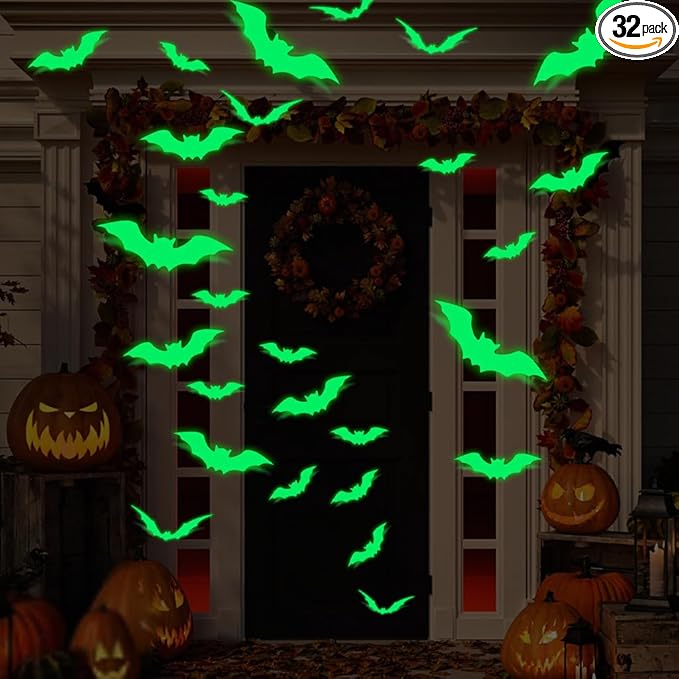 32 Pcs Halloween Decorations 3D Luminous Bats Wall Decor Stickers Glow in The Dark for Home Window Decor Party Decorations Double Sided Party Supplies