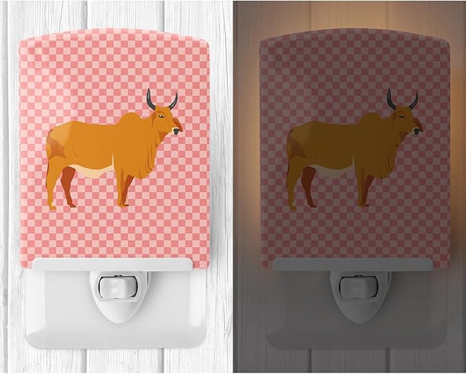 Caroline's Treasures BB7825CNL Zebu Indicine Cow Pink Check Ceramic Night Light Compact, UL-Certified, Ideal for Bedroom, Bathroom, Nursery, Hallway, Kitchen, 6x4x3, Multicolor