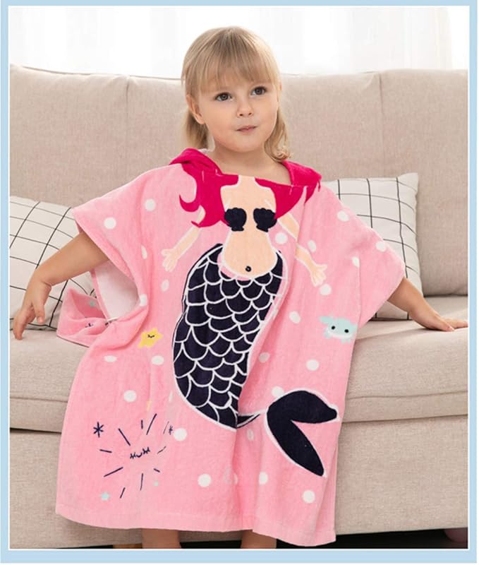TONWHAR Kids Bath/Pool/Beach Hooded Poncho Towel-Cartoon Animal Pattern Cotton Beach Towel for Baby and Kids (Mermaid, 5-9 Years/Height:43.3"-51.2")