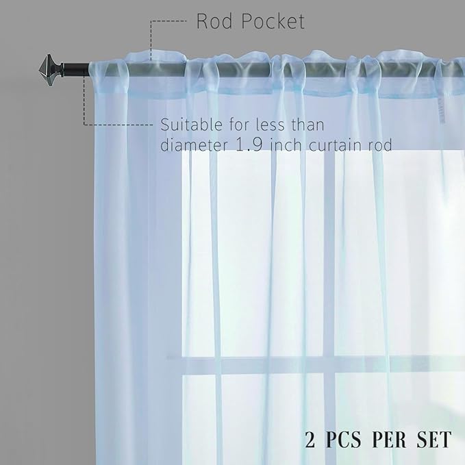 Sky Blue Sheer Curtains 95 Inches Long for Bedroom Rod Pocket Sheer Voile Curtains Panels Light Filtering Baby Blue Sheer Drapes for Windows/Living Room/Boys/Kids Room 52x95 2 Panels