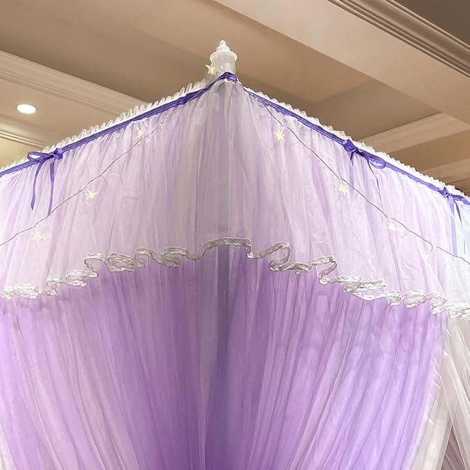 Mengersi Canopy Bed Curtains with Lights,4 Corner Bed Canopy Royal Luxurious Bed Drapes Netting,Princess Bed Curtains for Girls Adults Bedroom Decoration (Purple, California King)