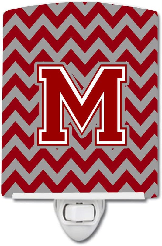 Caroline's Treasures CJ1049-MCNL Letter M Chevron Maroon and White Ceramic Night Light Compact, UL-Certified, Ideal for Bedroom, Bathroom, Nursery, Hallway, Kitchen, 6x4x3, Multicolor