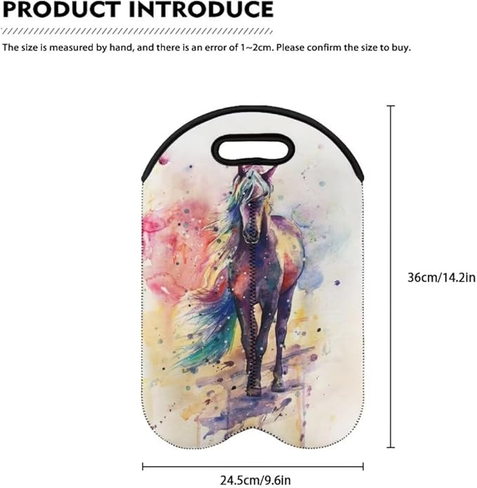 doginthehole Horse Wine Bottle Travel Bag 2-Bottle Wine Carrying Tote Picnic Cooler Bag Watercolour Animal Print Champagne Carrier Bag Portable Neoprene Wine Tote Holders Insulated Sleeve