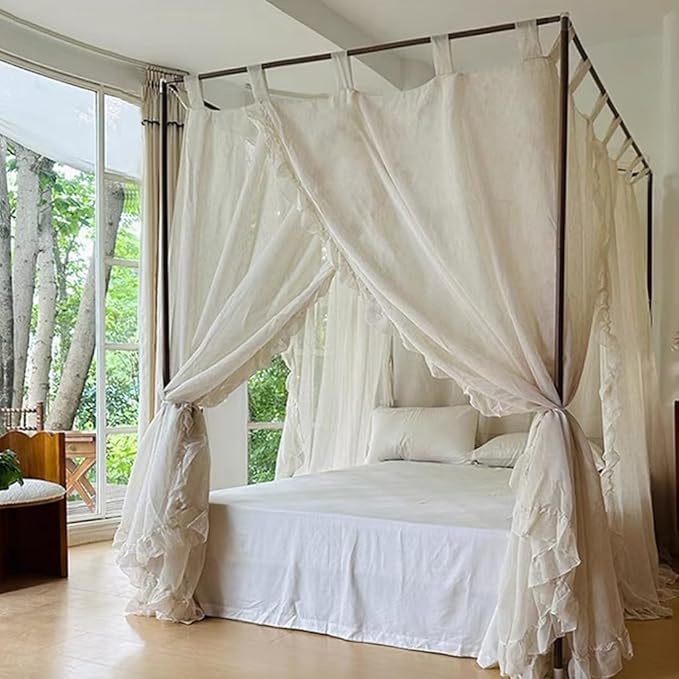 Elegant Modern Linen Princess 4 Corner Post Mosquito Net Romantic for Girls Women Bed Curtain Canopy for Adult Wedding Bedroom Kids Rooms Decoration (White-Beige, California King)