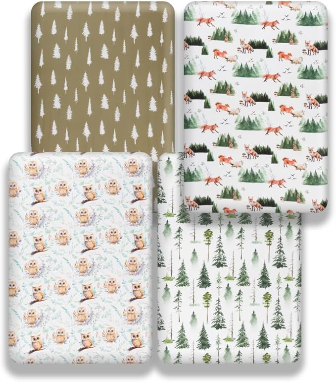 4 Pack Woodland Forest Animals Wood Neutral Unisex Fitted Baby Crib Sheets Set for Baby Boys or Girls (Paint Fox, 52 * 28)