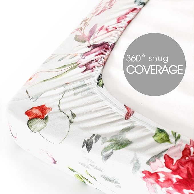 Fitted Pack n Play Sheets Set 2 Pack, Stretchy Ultra Soft Jersey Knit Portable/Mini Crib Sheets for Girls, Universal Fit for Pack N Plays Safe and Snug, Beautiful Flowers and Insects Pattern for Baby