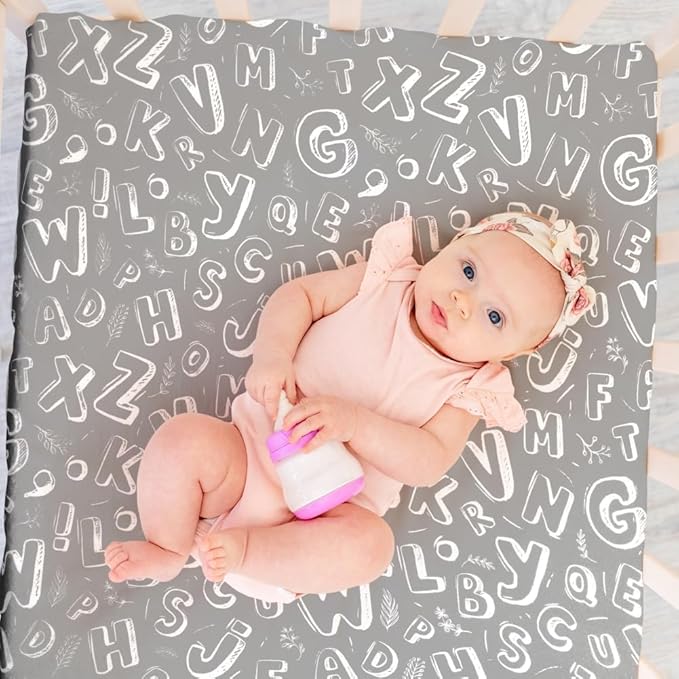 4 Pack Fitted Pack N Play Sheets for Baby Boys Neutral Unisex Breathable Soft Toddler Mini Crib Sheets for Pack and Play Mattress (Letter Print)