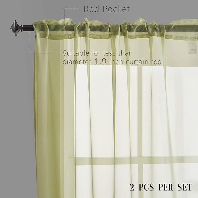 Green Sheer Curtains 95 Inch Length 2 Panels for Living Room/Bedroom/Canopy Window Rod Pocket Sage Green Sheer Curtains 52x95
