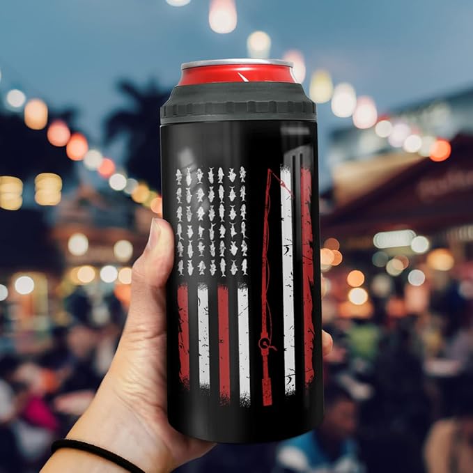 winorax Fishing Gifts For Men Reel Cool Dad Tumbler Can Cooler 4-in-1 America Flag Stainless Steel 16oz Travel Cup Father's Day Birthday Gifts for Dad Fisherman Husband from Son Daughter Wife