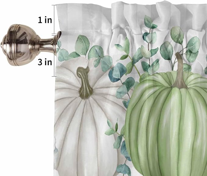 Fall Thanksgiving Kitchen Curtains Valances for Windows Autumn Pumpkins Eucalyptus Leaves Rod Pocket Window Treatment for Kitchen /Living Room/Bedroom/ Bathroom, 42" X 18", White Blue Green Gray Plaid