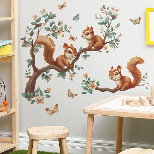 Squirrel Wall Decals Tree Branch Butterfly Wall Stickers Peel and Stick Wall Art Decals for Nursery Classroom Bedroom Office Living Room Decor (Squirrel)