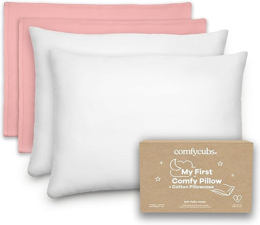 Comfy Cubs Toddler Pillow with Soft Cotton Pillowcase, 13"x18", Blush (2 Pack) - Kids Pillow for Sleeping & Travel - Comfortable Small Pillow - Kids Travel Pillow with Breathable Microfiber Fill