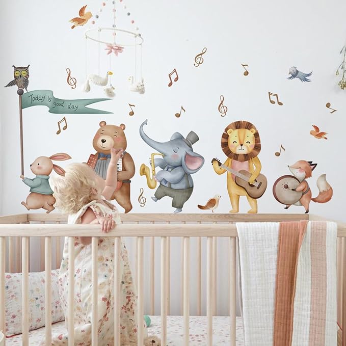 Watercolor Baby Animals Wall Decals Stickers, African Jungle Rabbit Bear Elephant Lion Fox Bird Owl Kids Room Nursery Decor, Baby Nursery Kids Bedroom Living Room Wall Decor