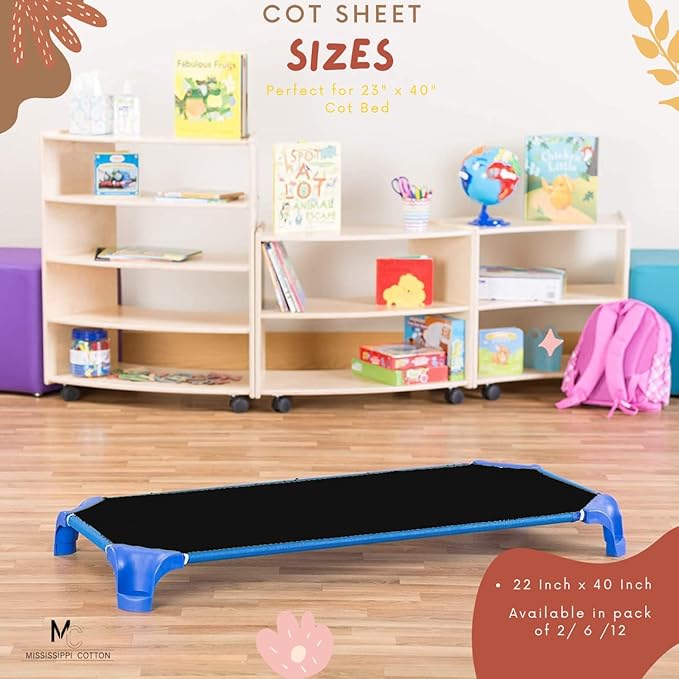 Pack of 24 Cot Sheet for Daycare Preschool Cot Bed -Polyblend Fabric with Corner Elastic Cots Sheets Fits On 22" X 40" Inches Size Toddler and Preschool Daycare Cot Black 22 X 40 Size