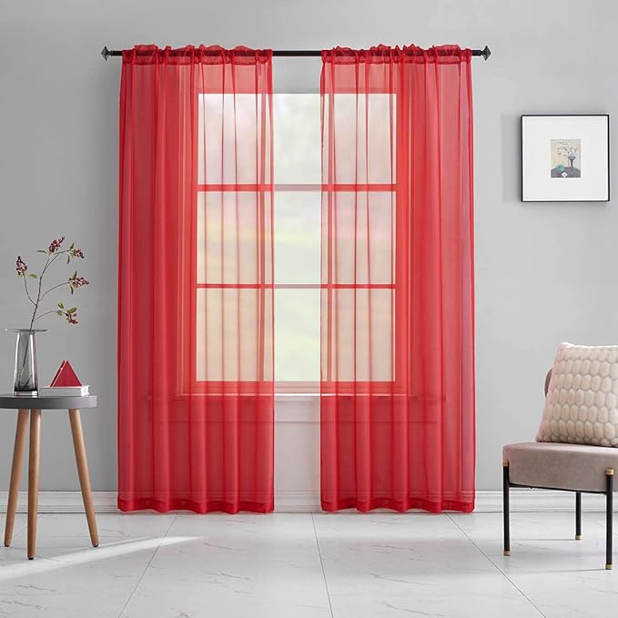 Red Sheer Curtains 95 Inches Long Translucent Solid Color Red Sheer Curtains 95 Inch Length Volie Rod Pocket Red Sheer Curtains for Bedroom Living Room Party 52x95