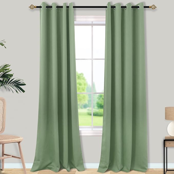 Mrs.Naturall Sage Green Curtains 102 Inches Long for Living Room 2 Panels Set,Heat Blocking Thermal Insulated Boho Blackout Grommet Curtain Drapes 102 Inch Length for Bedroom