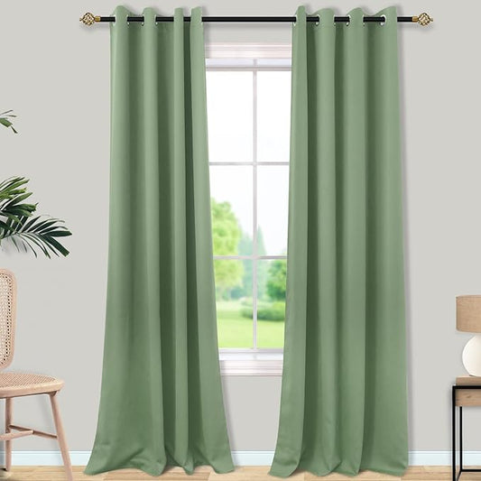 Mrs.Naturall Sage Green Curtains 102 Inches Long for Living Room 2 Panels Set,Heat Blocking Thermal Insulated Boho Blackout Grommet Curtain Drapes 102 Inch Length for Bedroom
